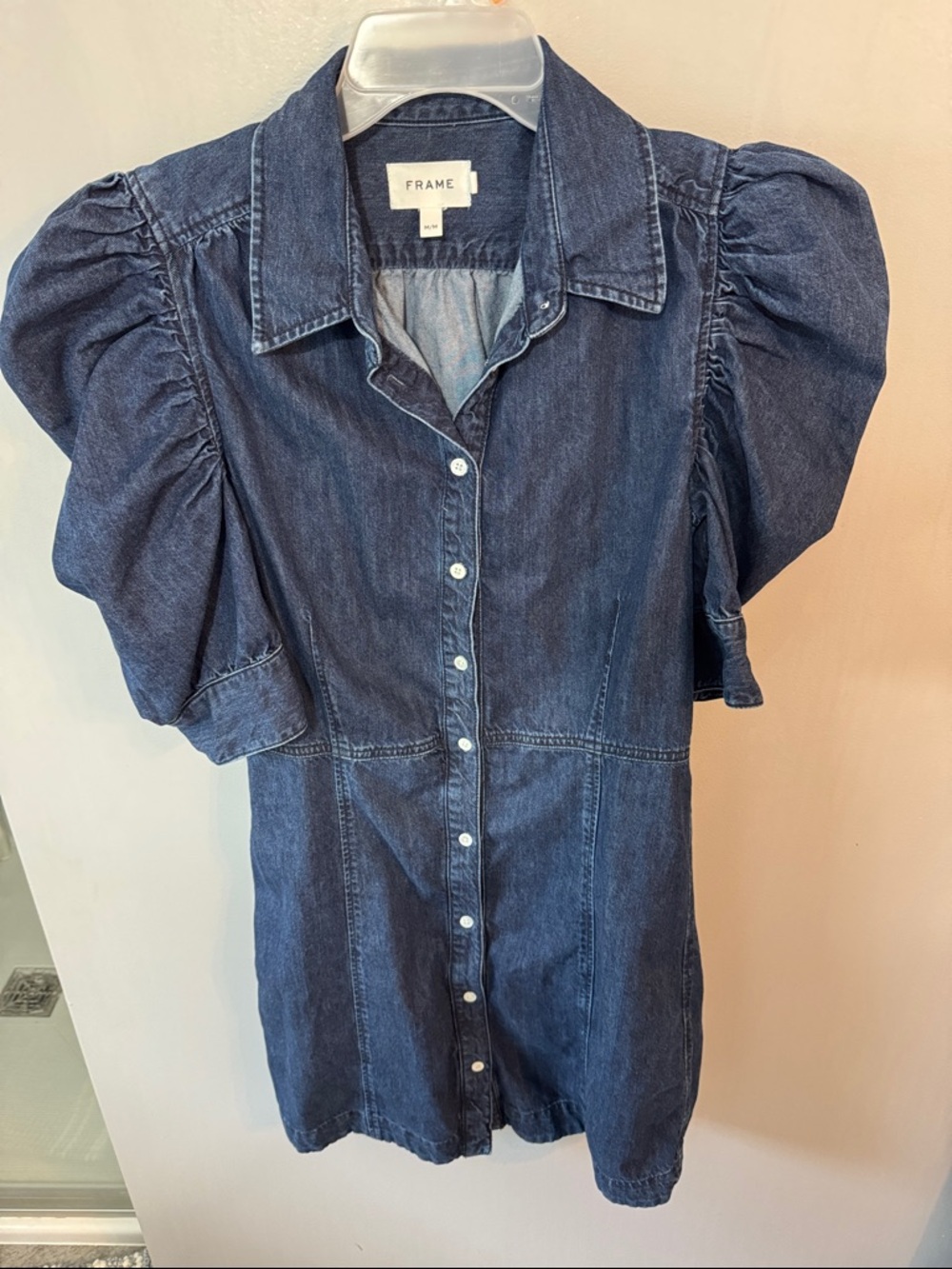 Frame Denim Dark Indigo Puff-Sleeve Button-Front Mini Dress